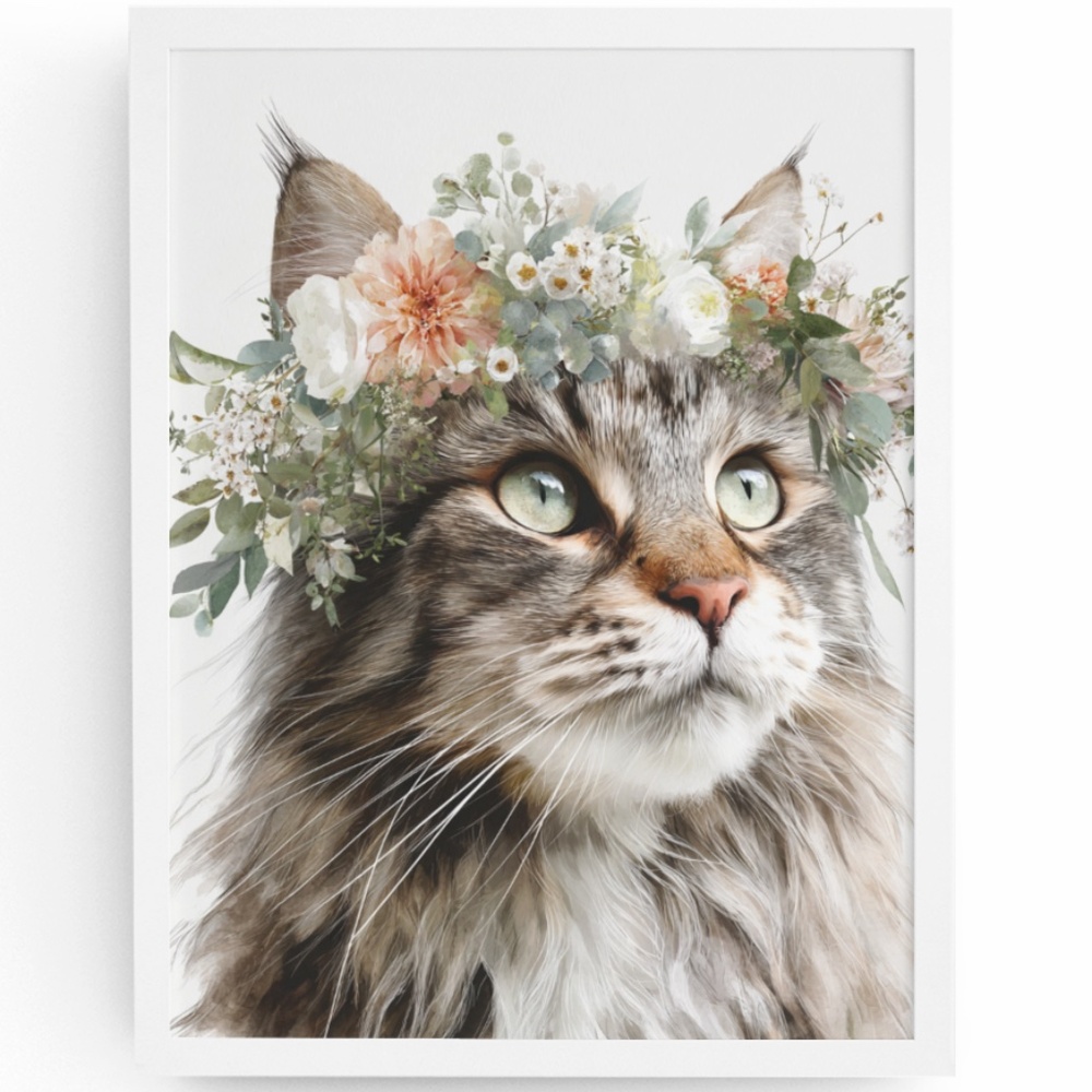 Watercolor Maine Coon Cat with Flower Crown Wall Art Print Unframed